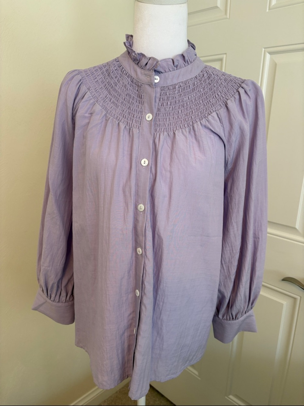 NWOT. Pomander Place Lavender Smocked Yoke Ruffle Collar Button-Down Top